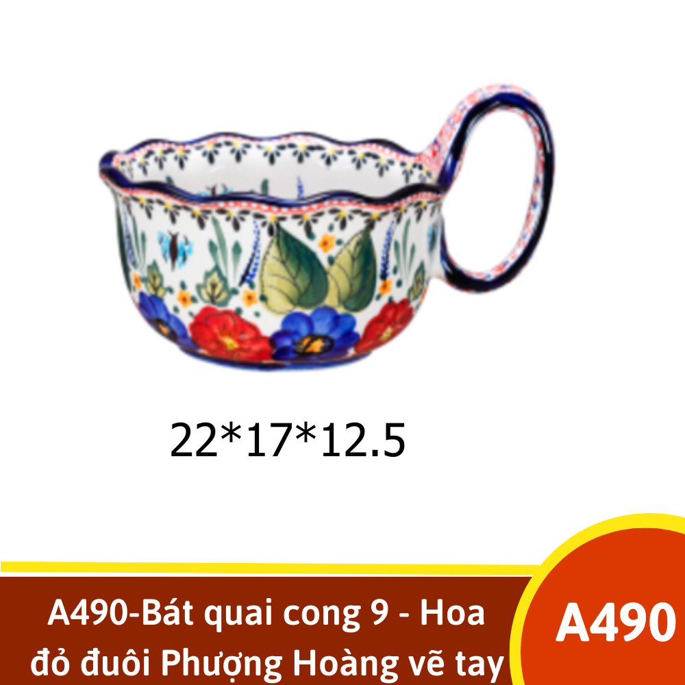 A490-Bát quai cong 9 - Hoa đỏ đuôi Phượng Hoàng vẽ tay xuất Âu YL