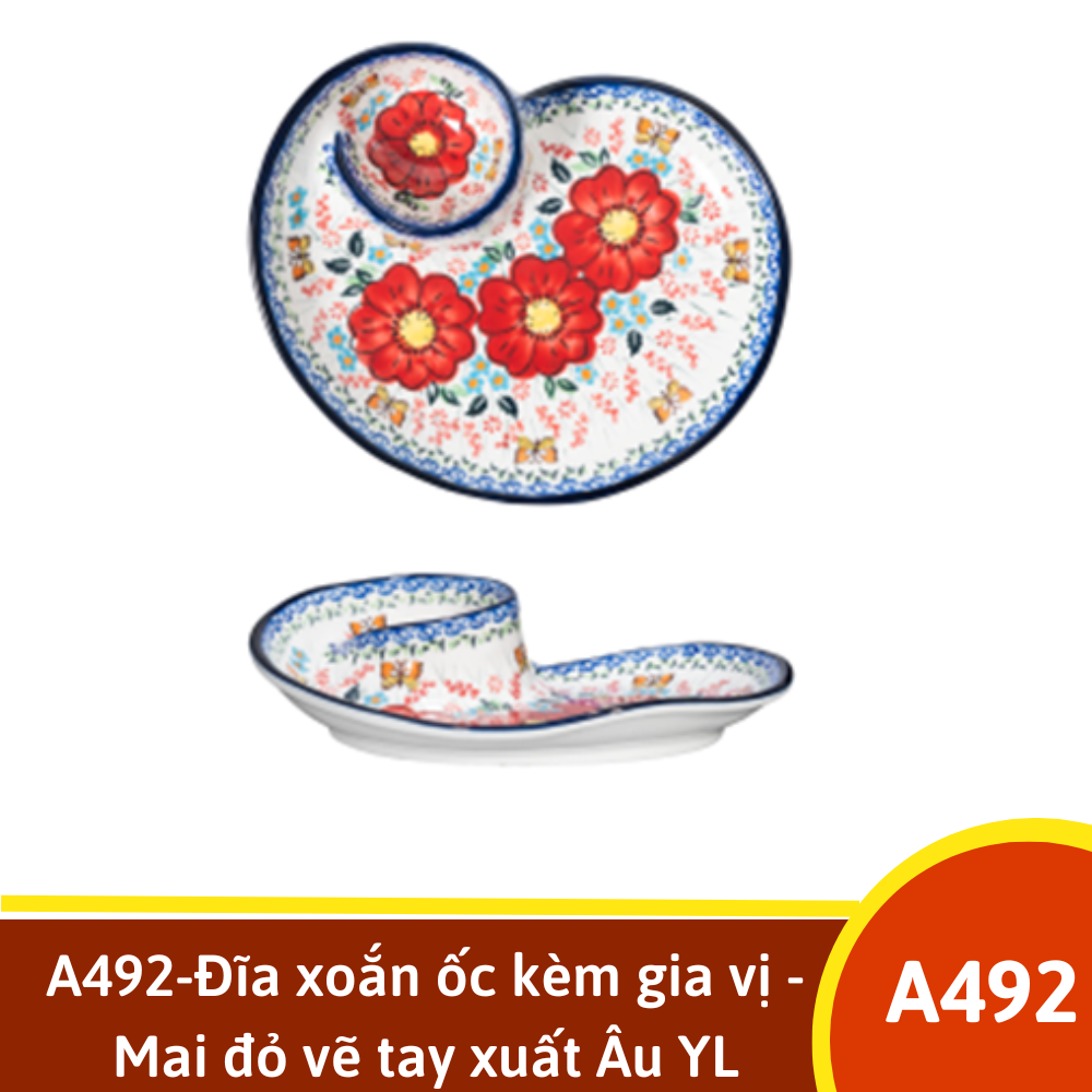 A492-Đĩa xoắn ốc kèm gia vị - Mai đỏ vẽ tay xuất Âu YL