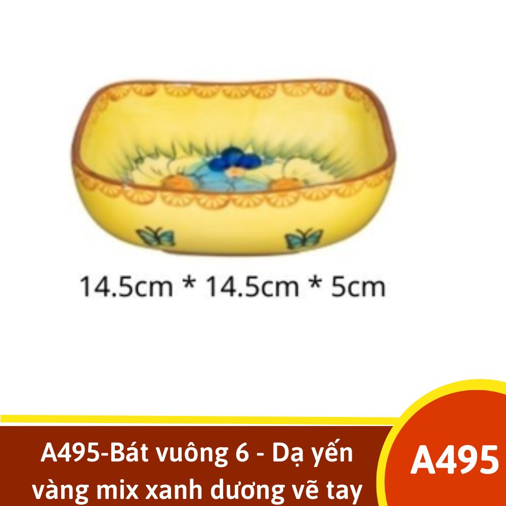 A495-Bát vuông 6 - Dạ yến vàng mix xanh dương vẽ tay xuất Âu YL