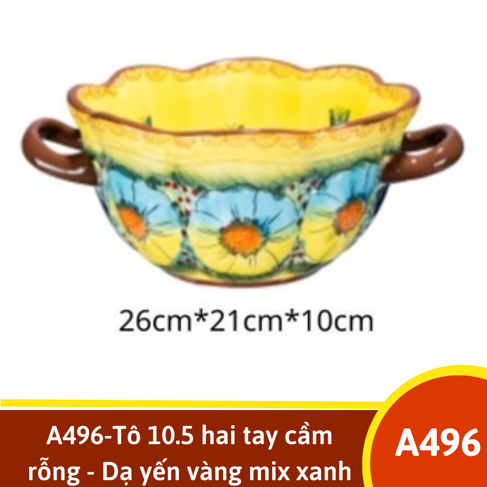 A496-Tô 10.5 hai tay cầm rỗng - Dạ yến vàng mix xanh dương vẽ tay xuất Âu YL