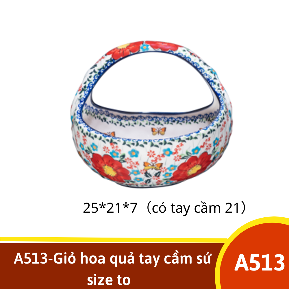 A513-Giỏ hoa quả tay cầm sứ size to  - Mai đỏ vẽ tay xuất Âu YL