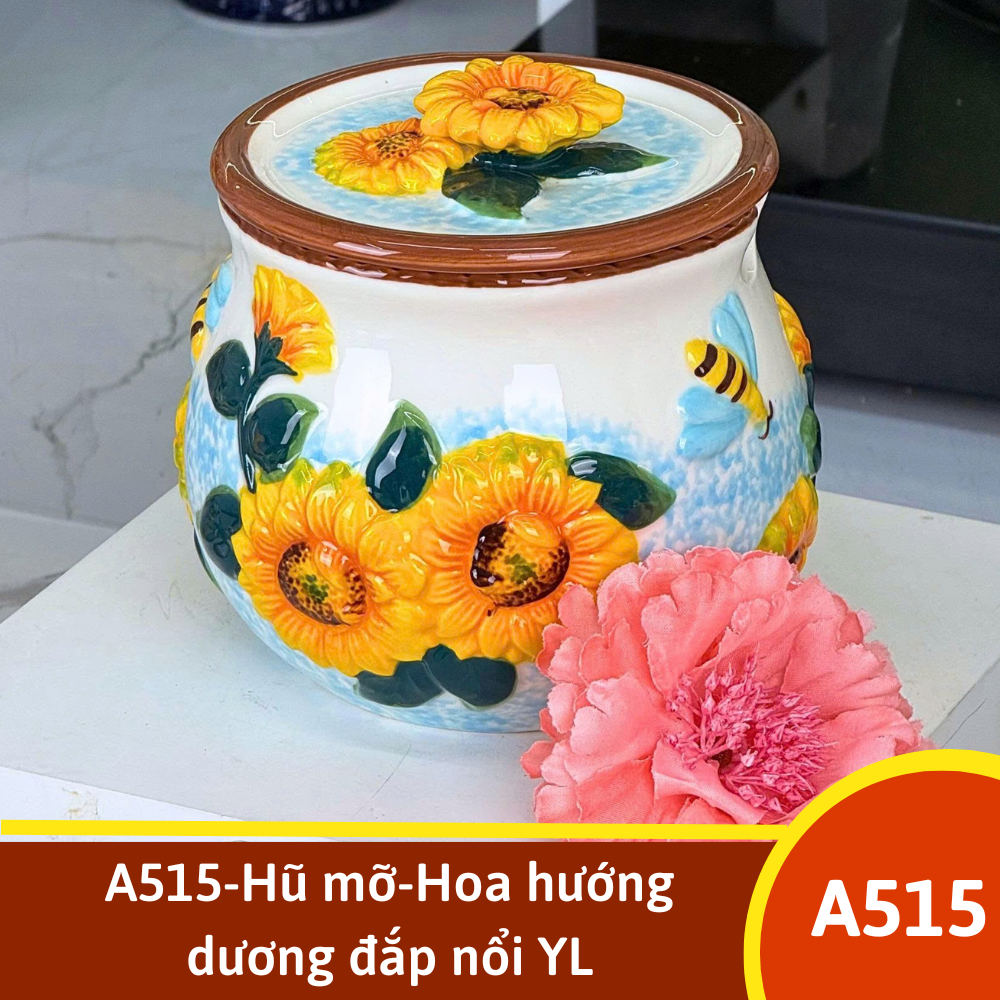 A515-Hũ mỡ có thìa-Hoa hướng dương đắp nổi YL