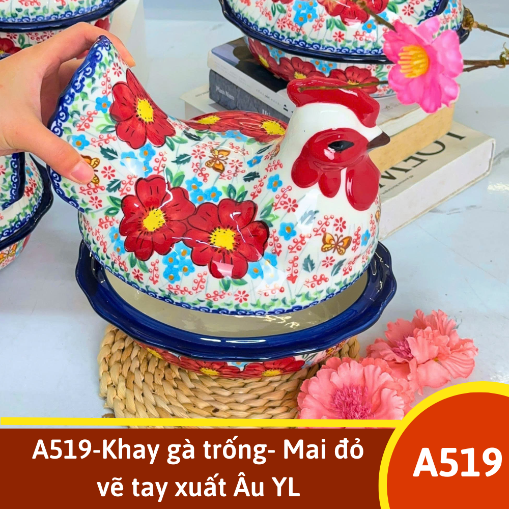 A519-Khay gà trống- Mai đỏ vẽ tay xuất Âu YL