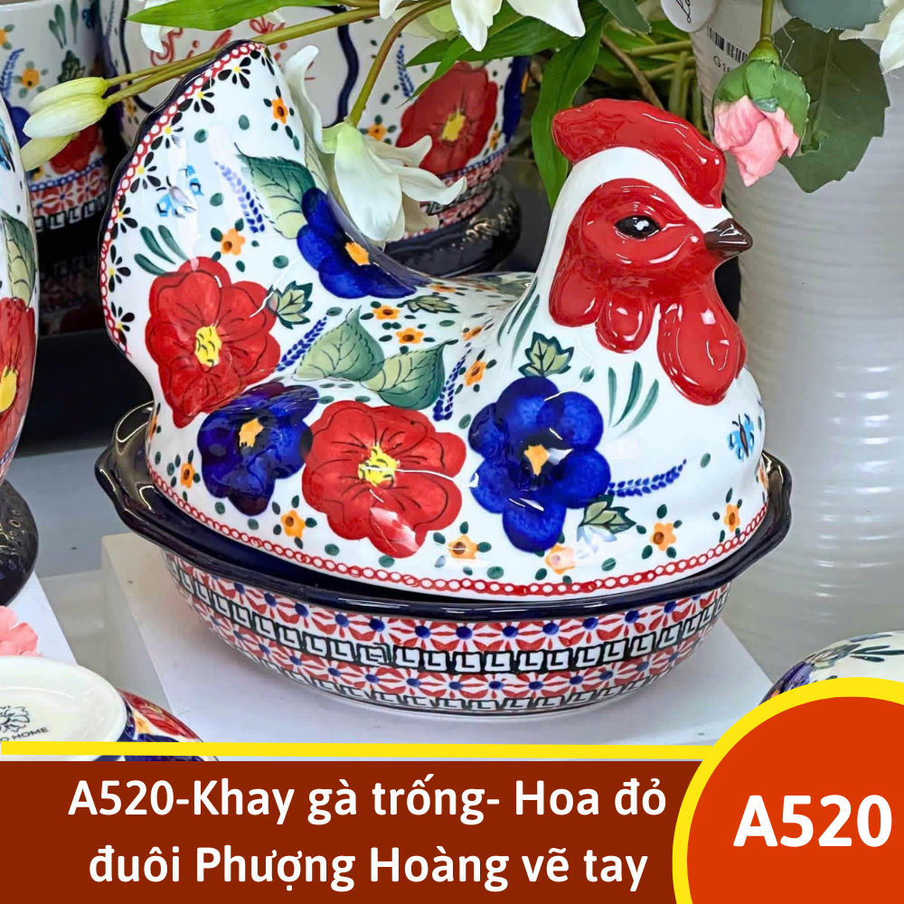 A520-Khay gà trống- Hoa đỏ đuôi Phượng Hoàng vẽ tay xuất Âu YL