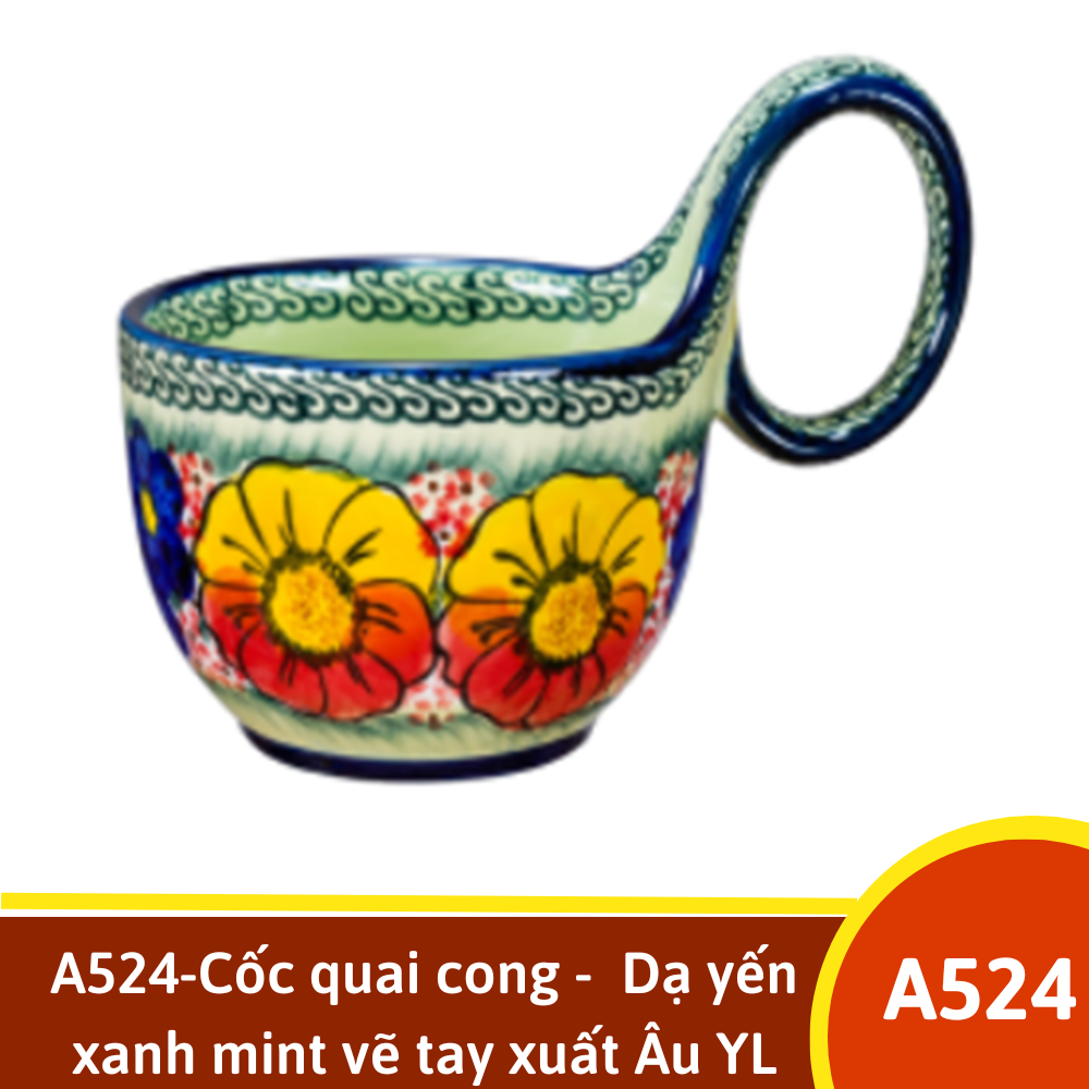 A524-Cốc quai cong -  Dạ yến xanh mint vẽ tay xuất Âu YL