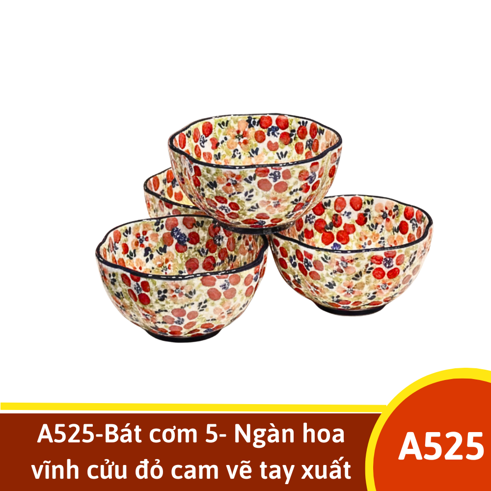 A525-Bát cơm 5- Ngàn hoa vĩnh cửu đỏ cam vẽ tay xuất Âu YL