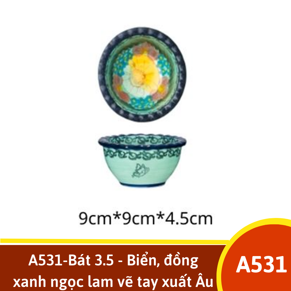 A531-Bát 3.5 - Biển, đồng  xanh ngọc lam vẽ tay xuất Âu YL