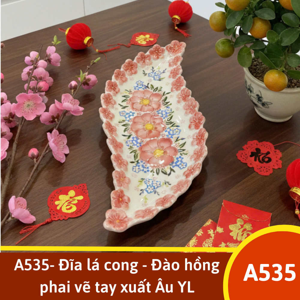 A535- Đĩa lá cong - Đào hồng phai vẽ tay xuất Âu YL