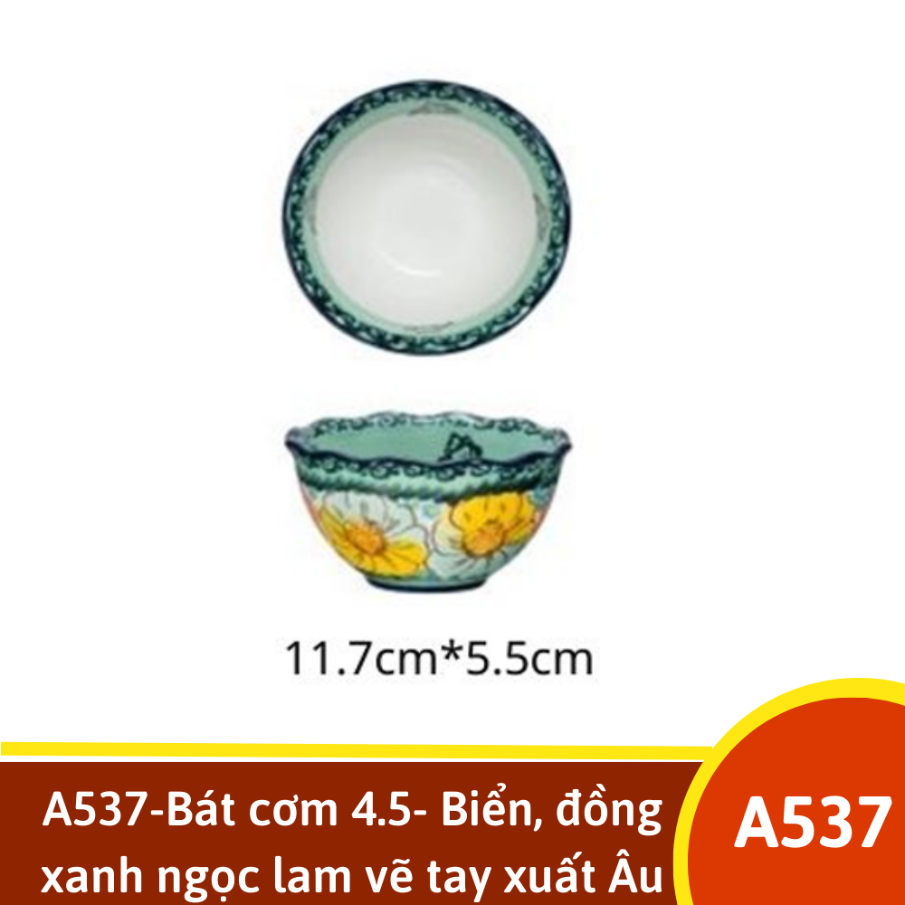 A537-Bát cơm 4.5- Biển, đồng  xanh ngọc lam vẽ tay xuất Âu Yolohome