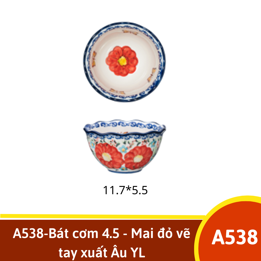 A538-Bát cơm 4.5 - Mai đỏ vẽ tay xuất Âu YL