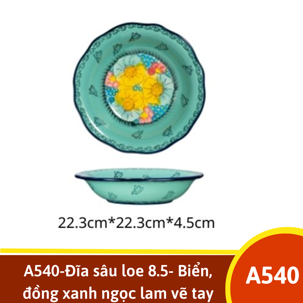 A540-Đĩa sâu loe 8.5- Biển, đồng xanh ngọc lam vẽ tay xuất Âu Yolohome