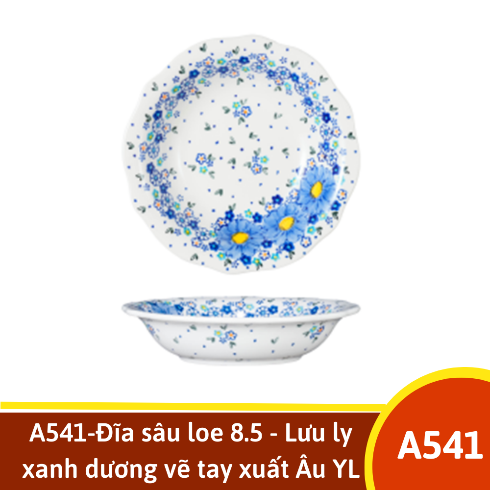 A541-Đĩa sâu loe 8.5 - Lưu ly  xanh dương vẽ tay xuất Âu YL