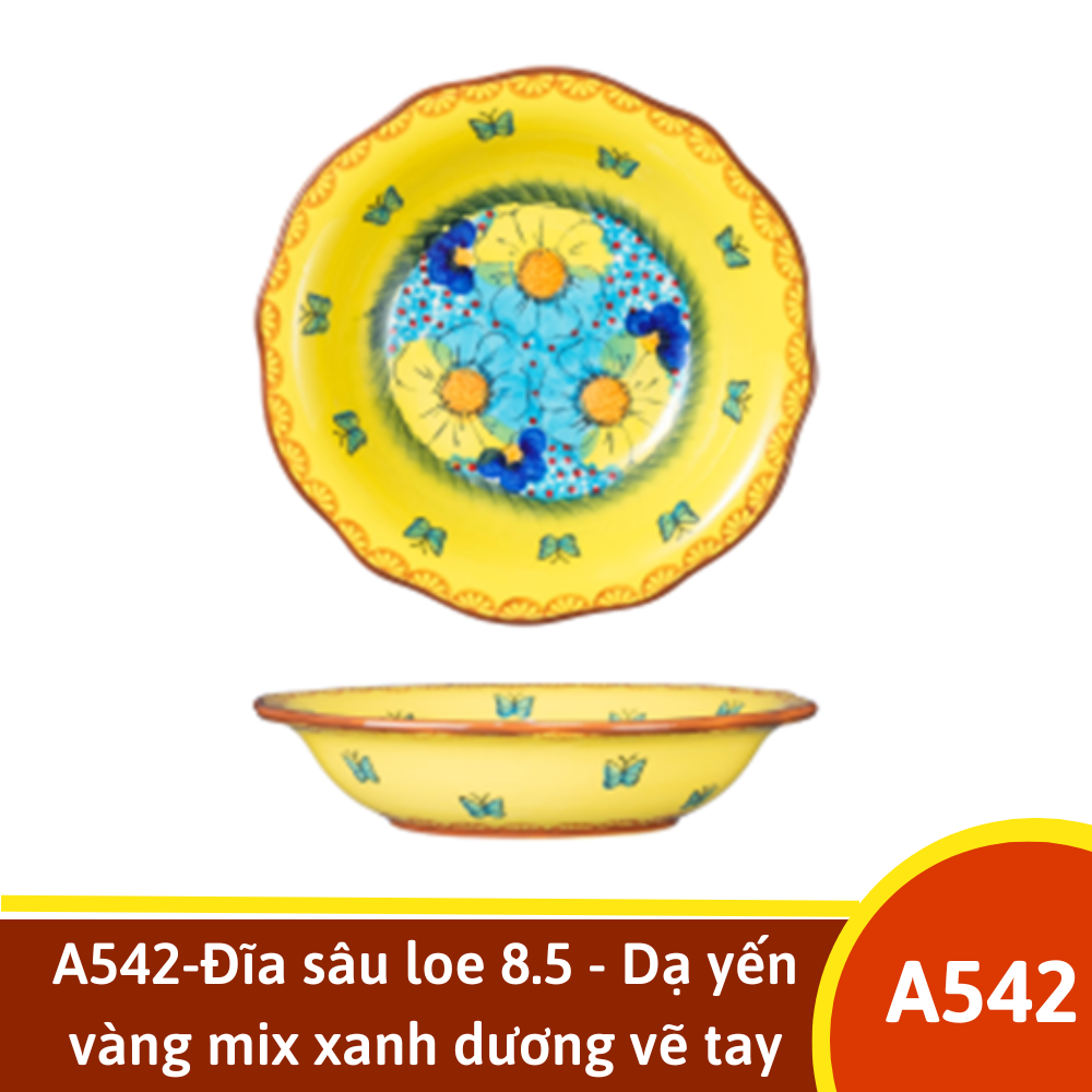 A542-Đĩa sâu loe 8.5 - Dạ yến vàng mix xanh dương vẽ tay xuất Âu YL