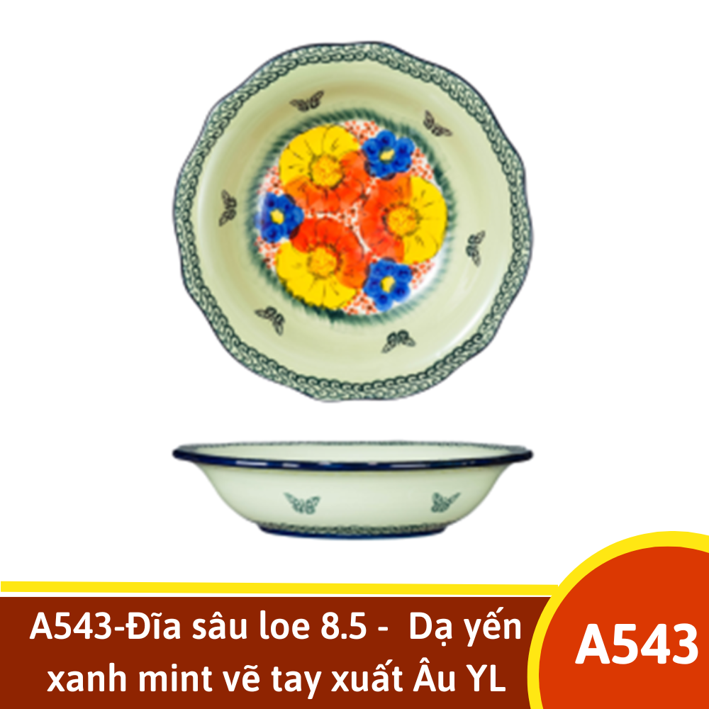 A543-Đĩa sâu loe 8.5 -  Dạ yến xanh mint vẽ tay xuất Âu YL