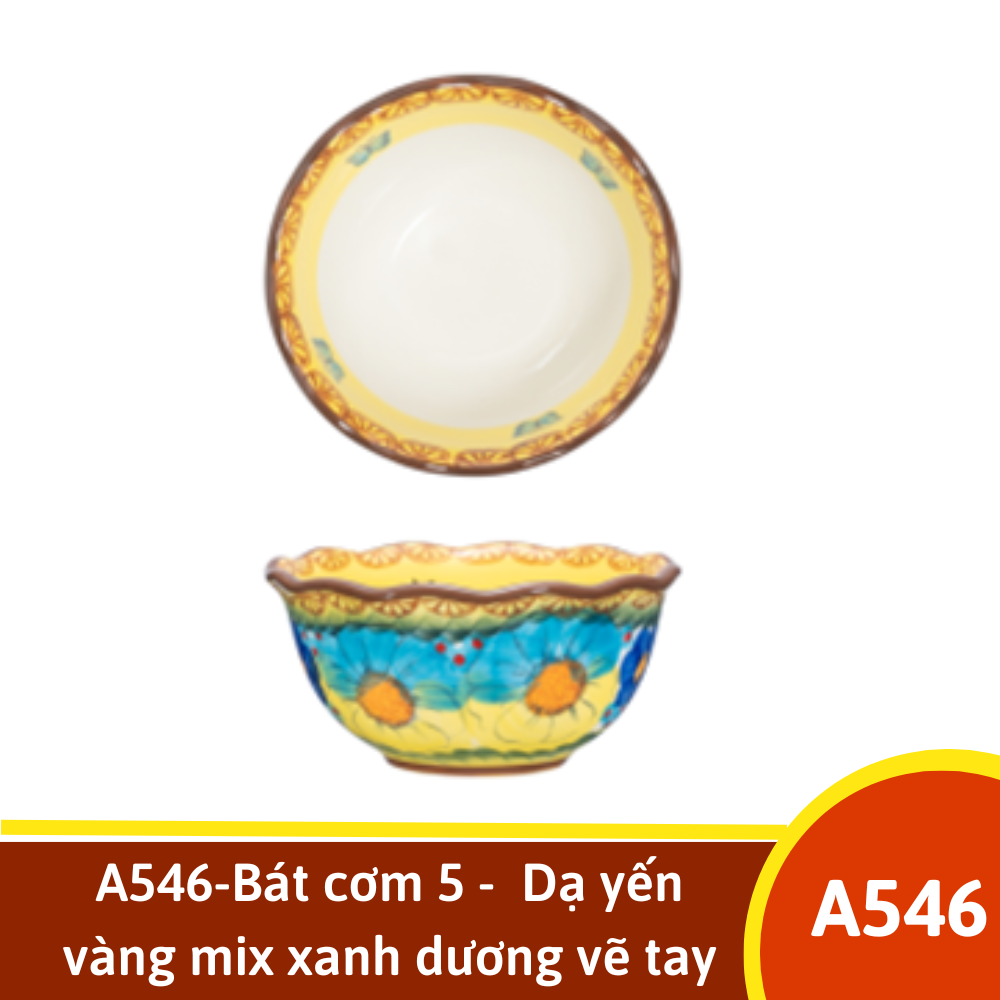 A546-Bát cơm 5 -  Dạ yến vàng mix xanh dương vẽ tay xuất Âu YL