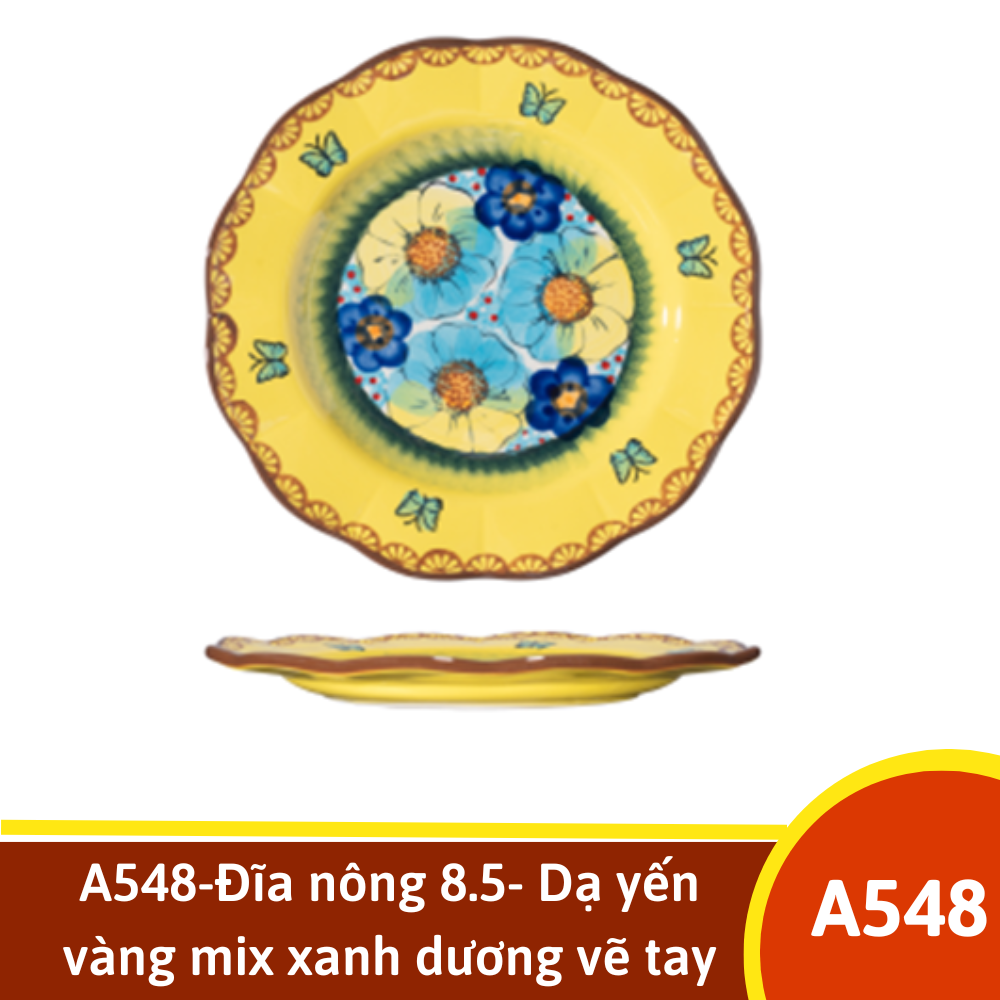 A548-Đĩa nông 8.5- Dạ yến vàng mix xanh dương vẽ tay xuất Âu YL
