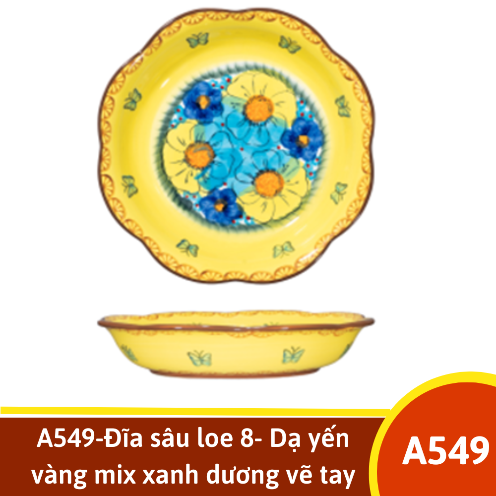 A549-Đĩa sâu loe 8- Dạ yến vàng mix xanh dương vẽ tay xuất Âu YL