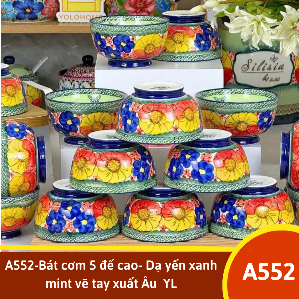 A552-Bát cơm 5 đế cao- Dạ yến xanh mint vẽ tay xuất Âu  YL