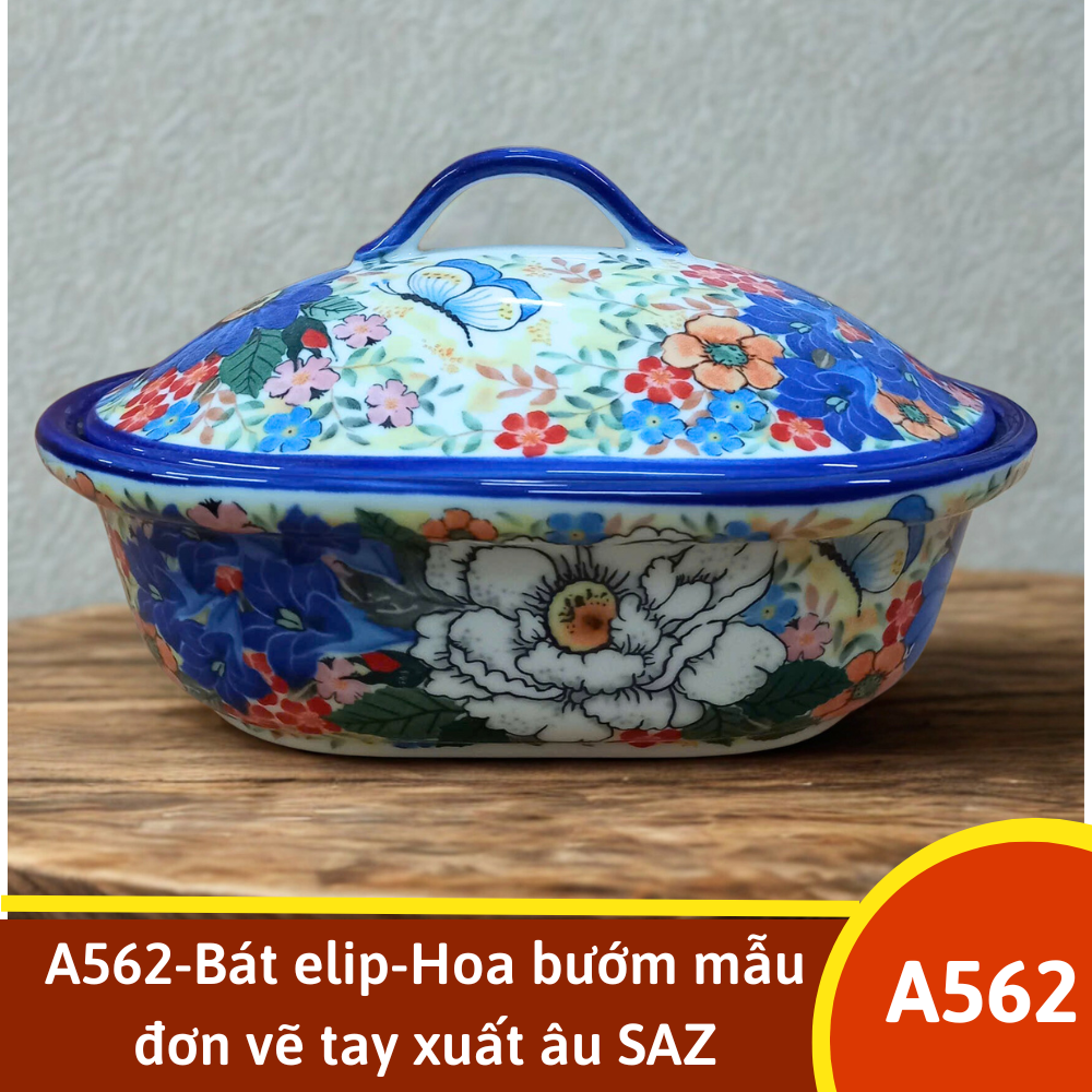 A562-Bát elip-Hoa bướm mẫu đơn vẽ tay xuất âu SAZ
