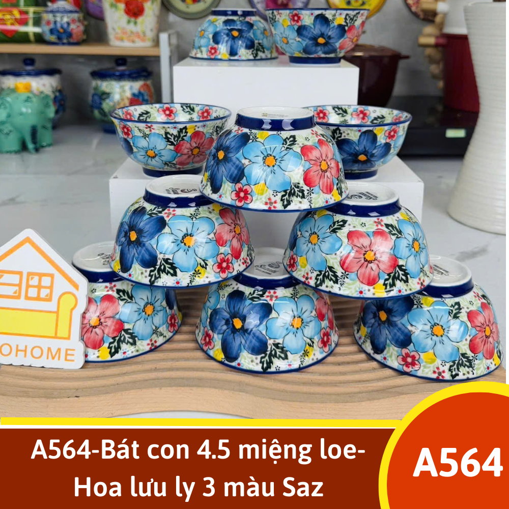 A564-Bát con 4.5 miệng loe- Hoa lưu ly 3 màu Saz