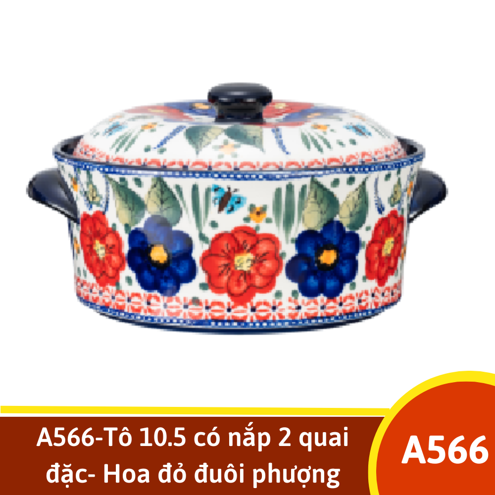 A566-Tô 10.5 có nắp 2 quai đặc- Hoa đỏ đuôi phượng hoàng vẽ tay xuất Âu YL