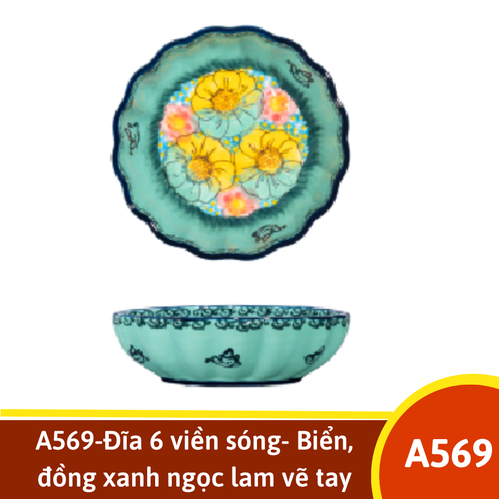 A569-Đĩa 6 viền sóng- Biển, đồng xanh ngọc lam vẽ tay xuất Âu YL