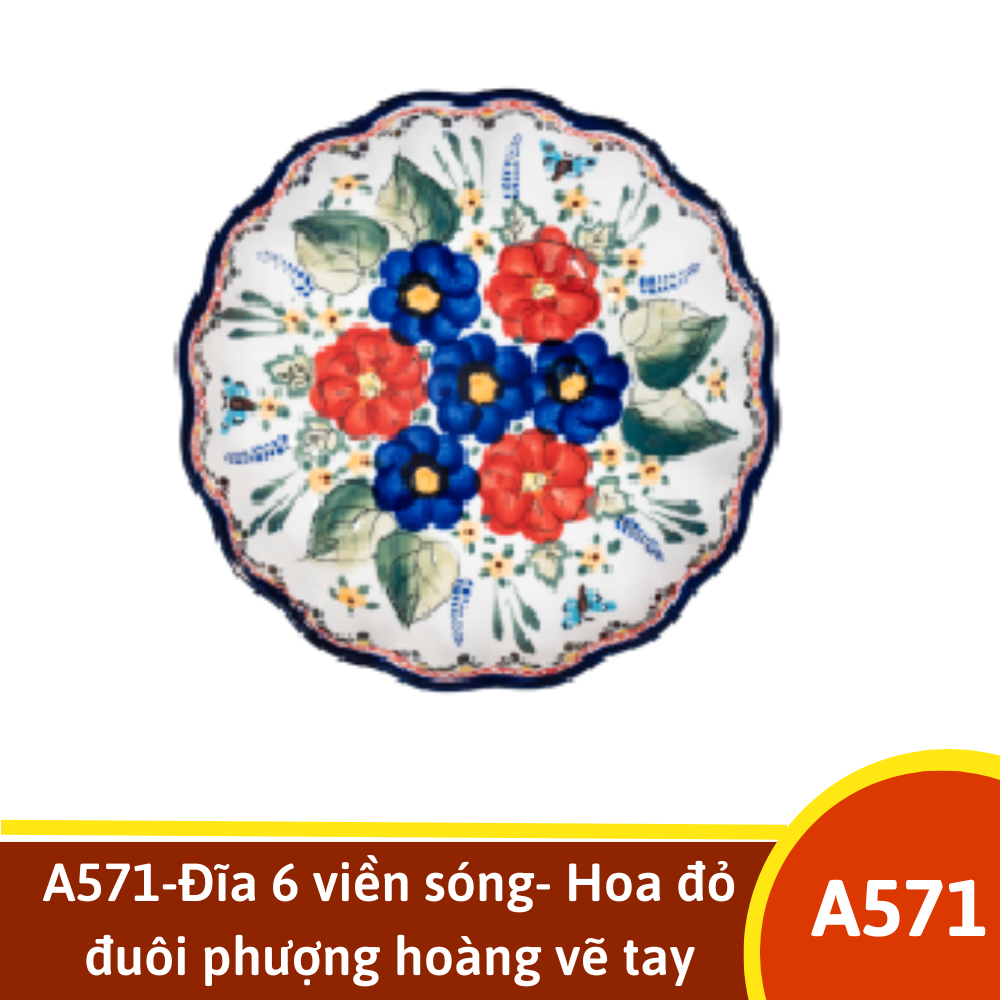 A571-Đĩa 6 viền sóng- Hoa đỏ đuôi phượng hoàng vẽ tay xuất Âu YL