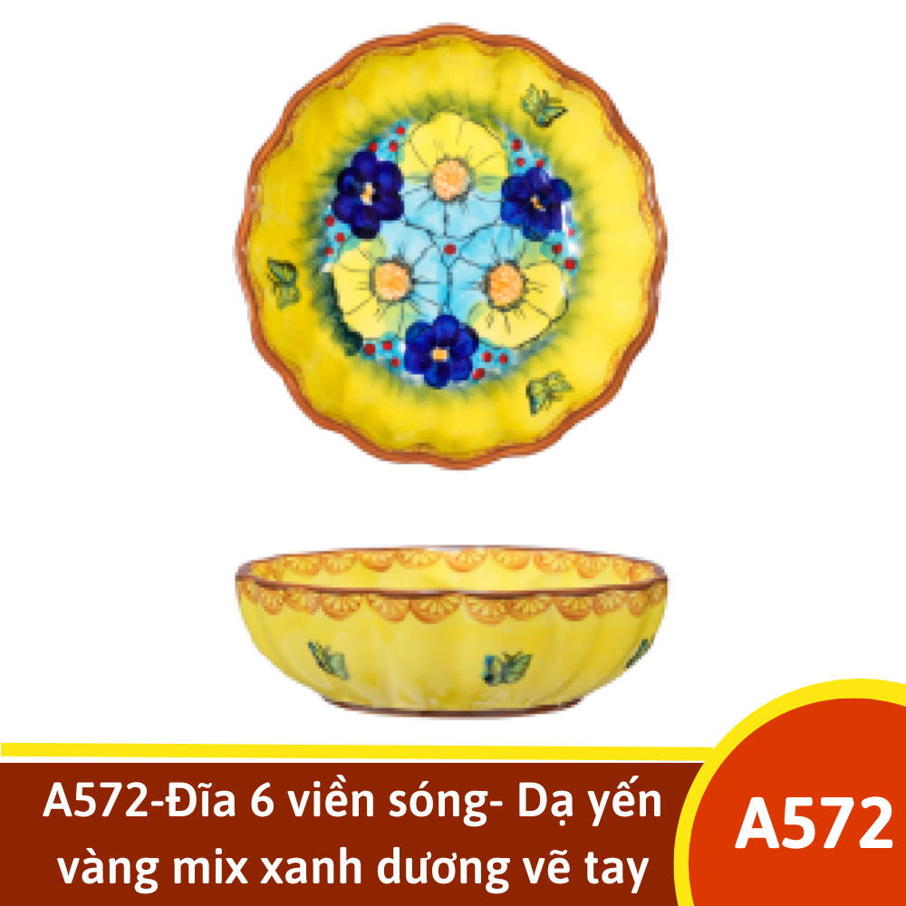 A572-Đĩa 6 viền sóng- Dạ yến vàng mix xanh dương vẽ tay xuất Âu YL