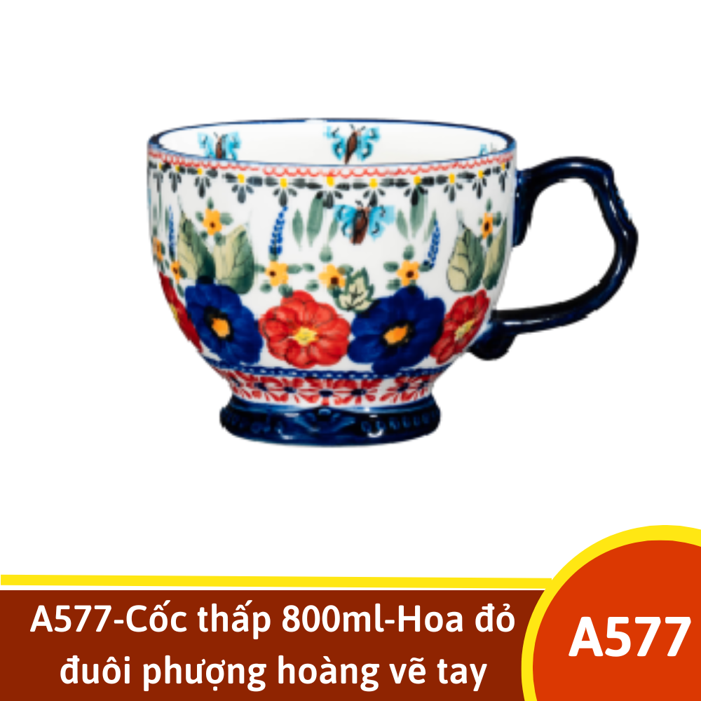 A577-Cốc thấp 800ml-Hoa đỏ đuôi phượng hoàng vẽ tay xuất Âu YL