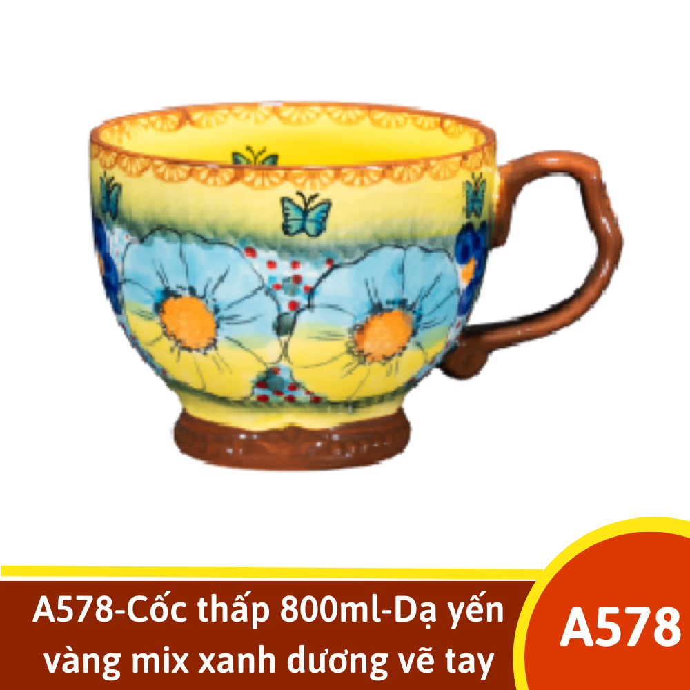 A578-Cốc thấp 800ml-Dạ yến vàng mix xanh dương vẽ tay xuất Âu YL