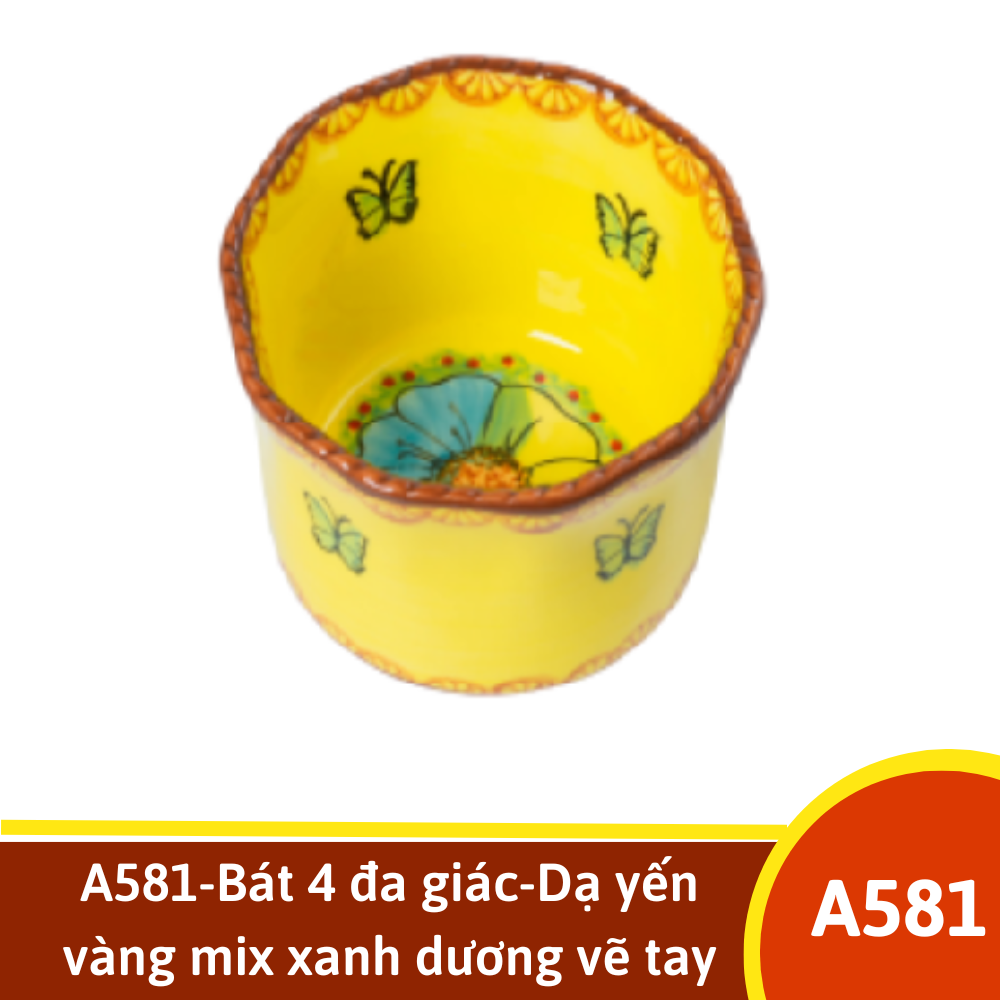 A581-Bát 4 đa giác-Dạ yến vàng mix xanh dương vẽ tay xuất Âu YL