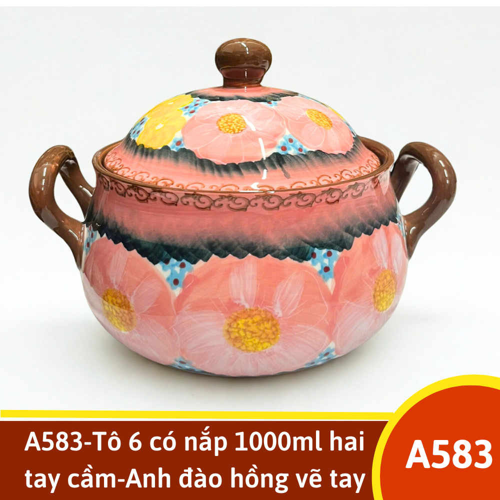 A583-Tô 6 có nắp 1000ml hai tay cầm-Anh đào hồng vẽ tay xuất Âu YL