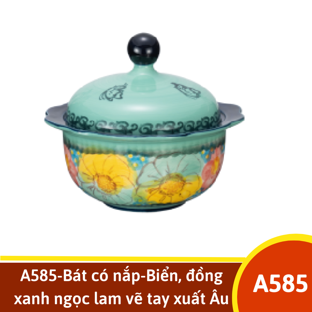 A585-Bát có nắp-Biển, đồng xanh ngọc lam vẽ tay xuất Âu YL