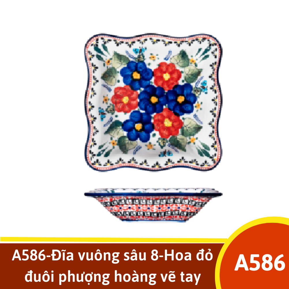 A586-Đĩa vuông sâu 8-Hoa đỏ đuôi phượng hoàng vẽ tay xuất Âu YL
