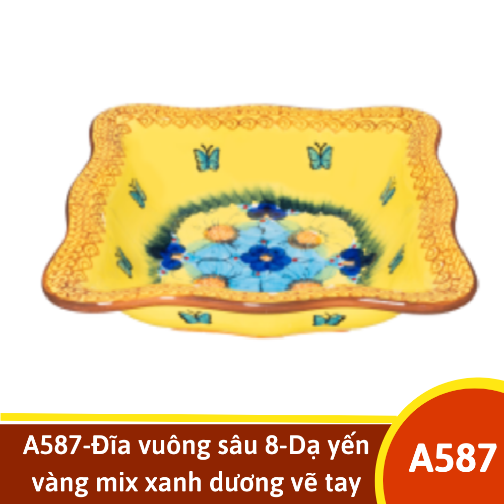 A587-Đĩa vuông sâu 8-Dạ yến vàng mix xanh dương vẽ tay xuất Âu YL