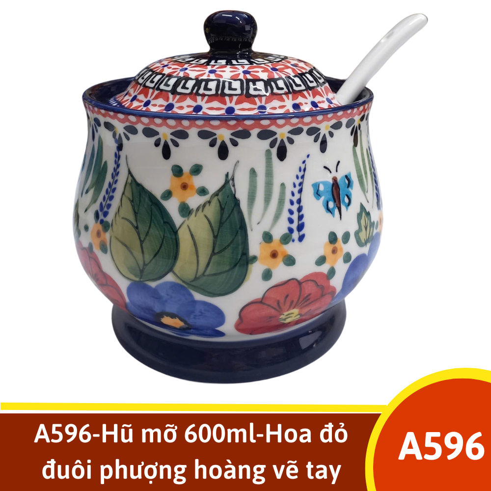 A596-Hũ mỡ 600ml-Hoa đỏ đuôi phượng hoàng vẽ tay xuất Âu YL