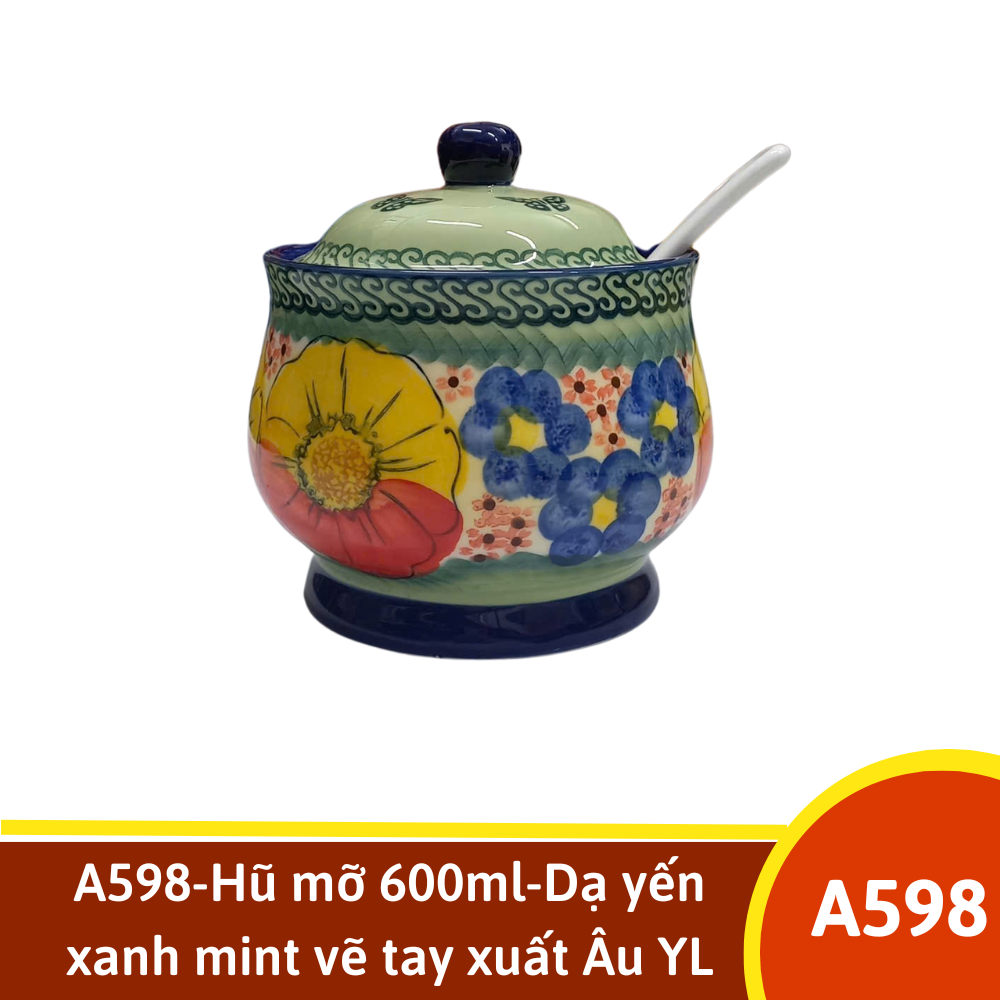 A598-Hũ mỡ 600ml-Dạ yến xanh mint vẽ tay xuất Âu YL