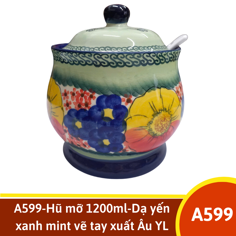A599-Hũ mỡ 1200ml-Dạ yến xanh mint vẽ tay xuất Âu YL