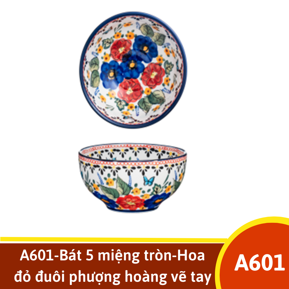 A601-Bát 5 miệng tròn-Hoa đỏ đuôi phượng hoàng vẽ tay xuất Âu YL