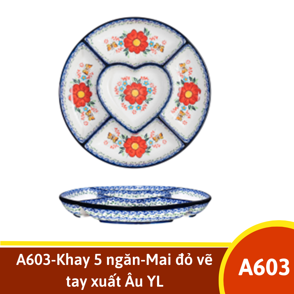 A603-Khay 5 ngăn-Mai đỏ vẽ tay xuất Âu YL