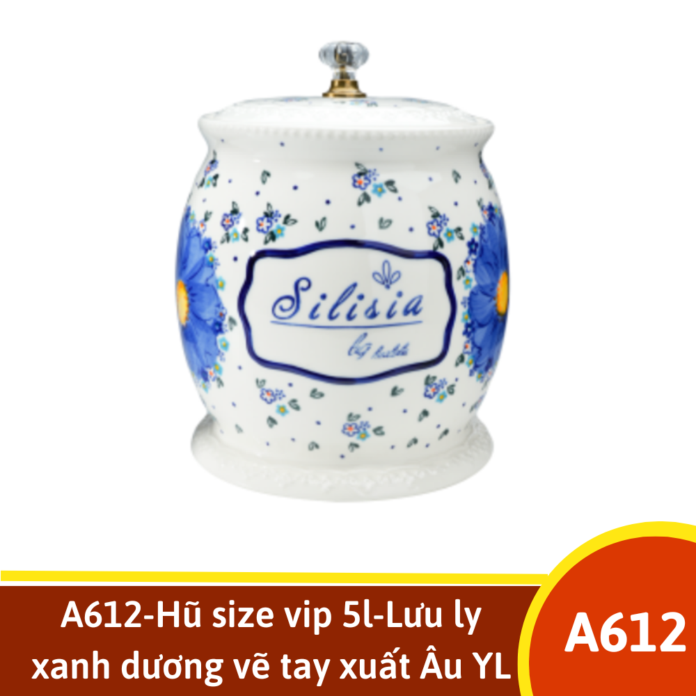A612-Hũ size vip 5l-Lưu ly xanh dương vẽ tay xuất Âu YL