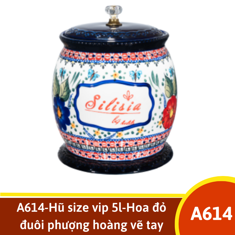 A614-Hũ size vip 5l-Hoa đỏ đuôi phượng hoàng vẽ tay xuất Âu YL