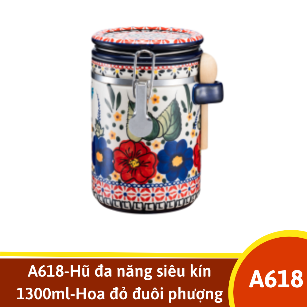 A618-Hũ đa năng siêu kín 1300ml-Hoa đỏ đuôi phượng hoàng vẽ tay xuất Âu YL