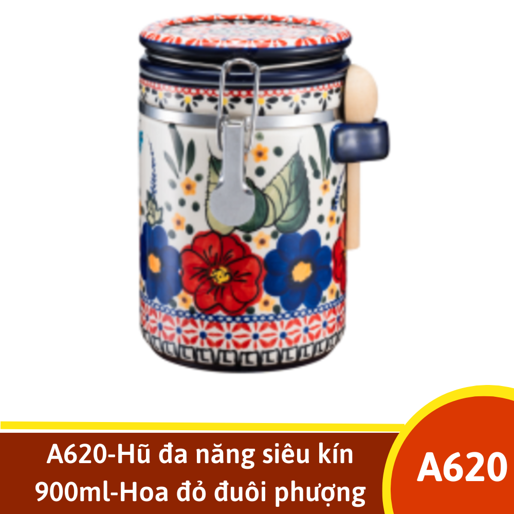 A620-Hũ đa năng siêu kín 900ml-Hoa đỏ đuôi phượng hoàng vẽ tay xuất Âu YL