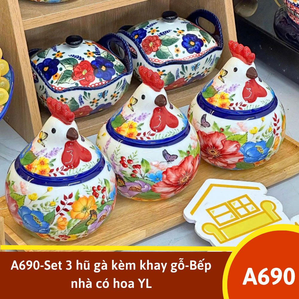 A690-Set 3 hũ gà kèm khay gỗ-Bếp nhà có hoa YL