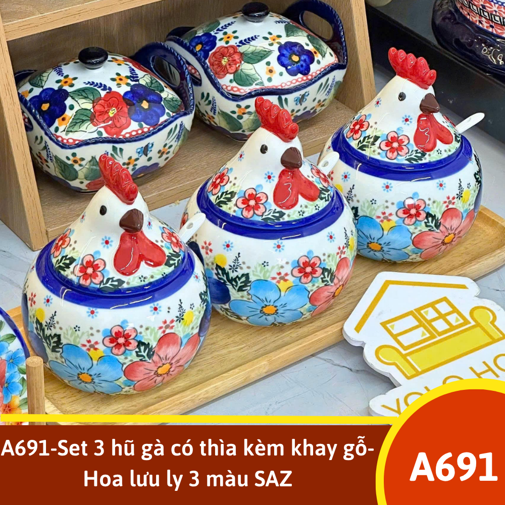 A691-Set 3 hũ gà có thìa kèm khay gỗ- Hoa lưu ly 3 màu SAZ
