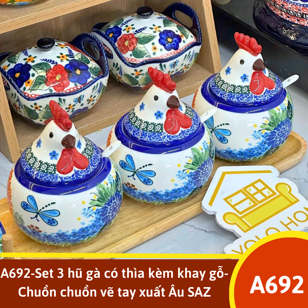 A692-Set 3 hũ gà có thìa kèm khay gỗ- Chuồn chuồn vẽ tay xuất Âu SAZ