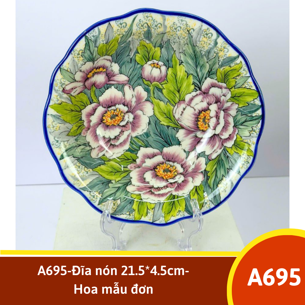 A695-Đĩa nón 21.5*4.5cm-Hoa mẫu đơn
