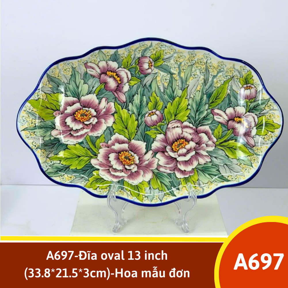 A697-Đĩa oval 13 inch (33.8*21.5*3cm)-Hoa mẫu đơn