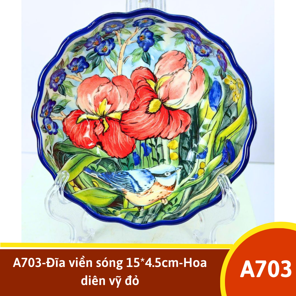 A703-Đĩa viền sóng 15*4.5cm-Hoa diên vỹ đỏ